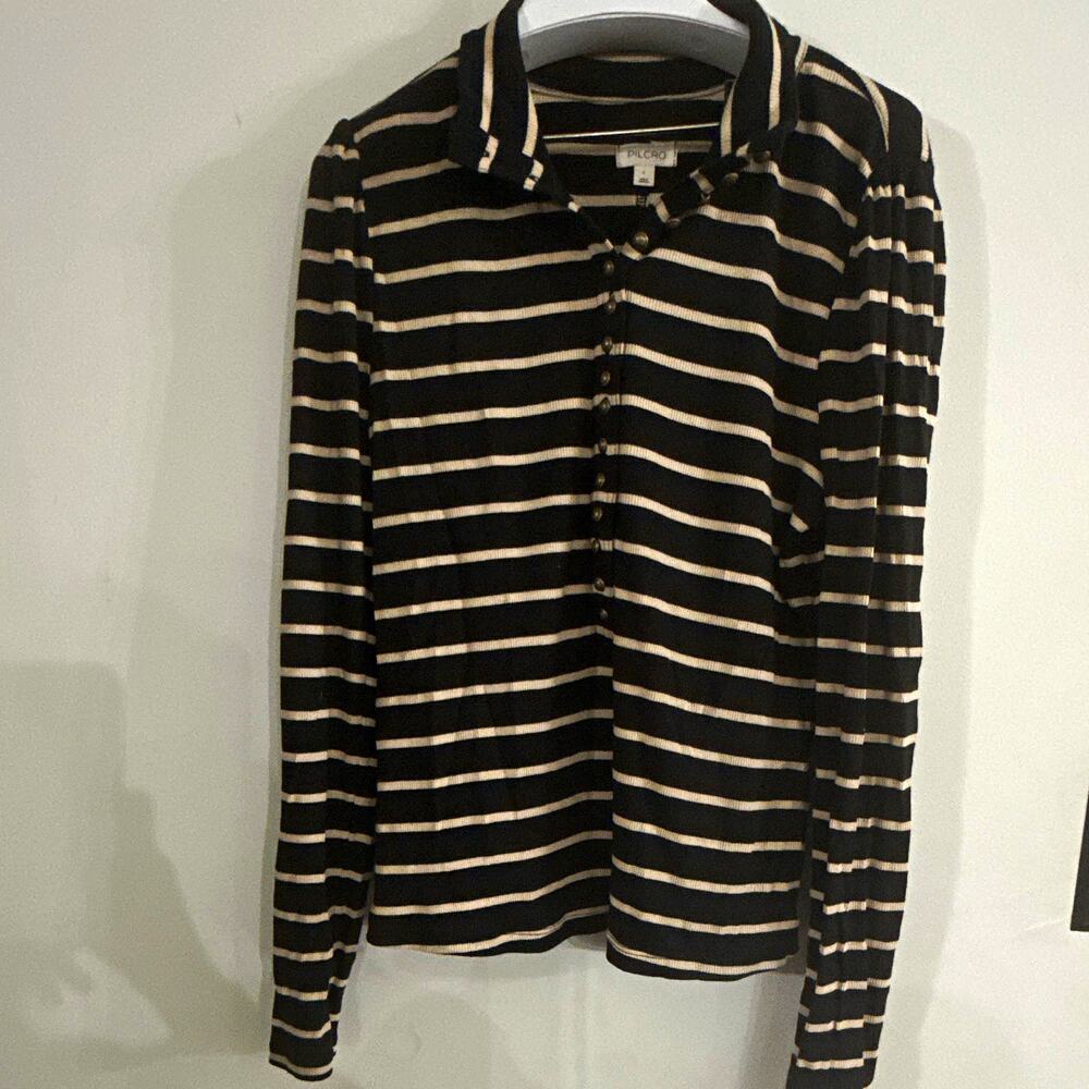 Pilcro Women’s Black Beige Striped Collared Button Polo Knit Long Sleeve L